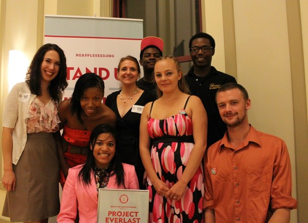 Nebraska Appleseed's Amy West and Becky Gould pose for a photo with youth from Project Everlast - Sarah Lindley, Kristina DellaCroce, Akeeme Halliburton, Kellie Mitchell, Azar Webb and Dalton Walker