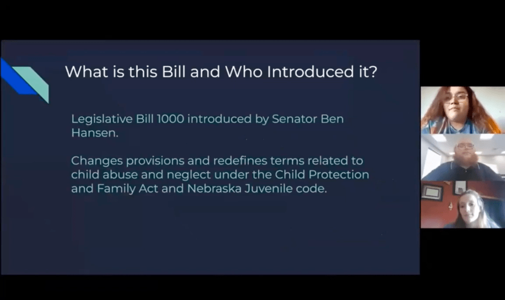 “Sit down for just one minute and listen to me,” said Jacob Mckirdy. “That is what I would want to see changed in the system.” Jacob (m) and his teammates present on LB1000, which seeks to redefine terms related to child abuse and neglec
